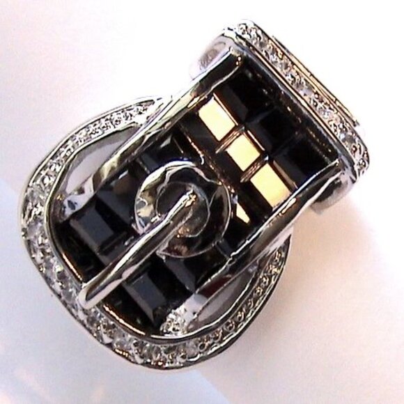 Ladies Black Baguette Belt Buckle of Truth Cz Cubic Zirconia Silver Band Ring 6 - Picture 1 of 4